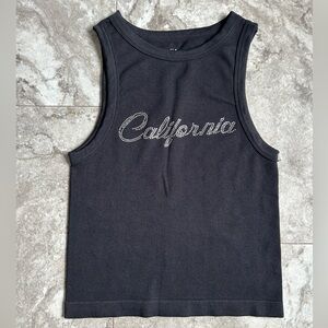 Y2K Style Vital Life California Rhinestone Ribbed Crop Stretch Black Tank Top L